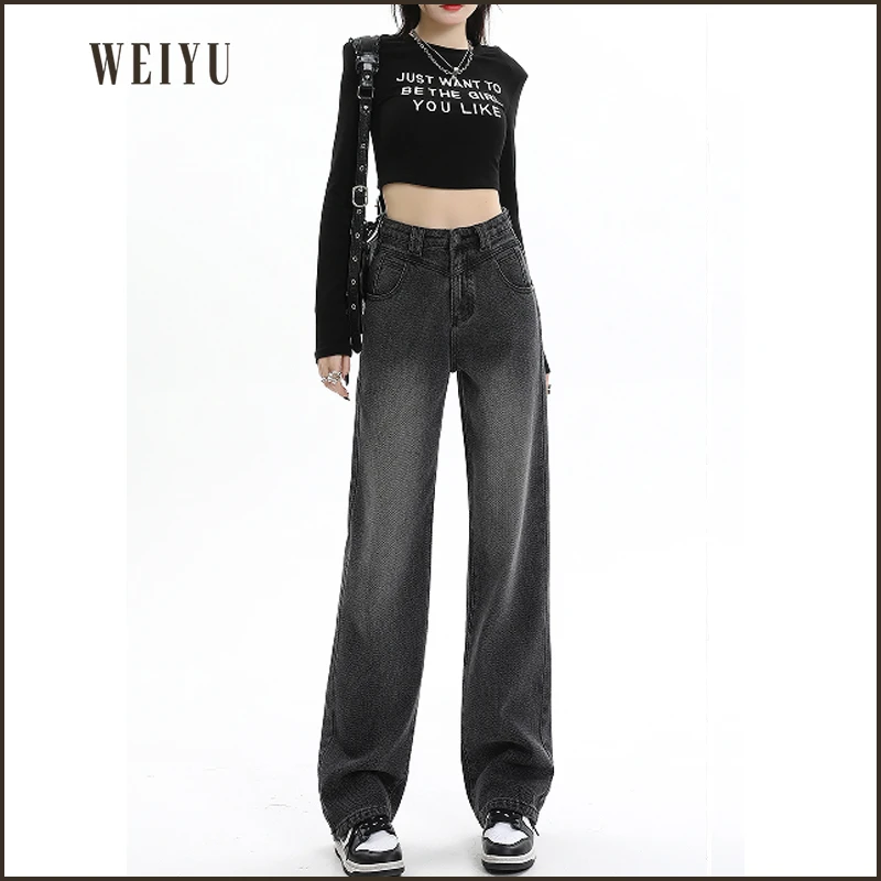 加绒麦穗肌理感宽松高腰显瘦垂感怀旧蓝阔腿牛仔裤女