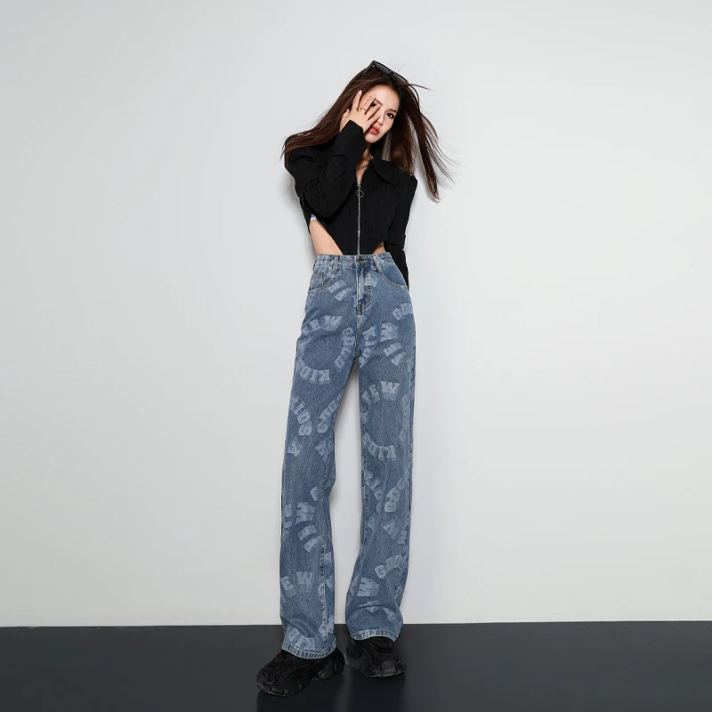 【奈斯专属】新款潮牌hiphop高腰美式印花高街显瘦显高甜酷牛仔裤女