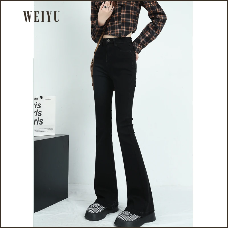 未羽【加绒】微喇叭牛仔裤女秋季新款高腰修身显瘦弹力喇叭裤dfzx