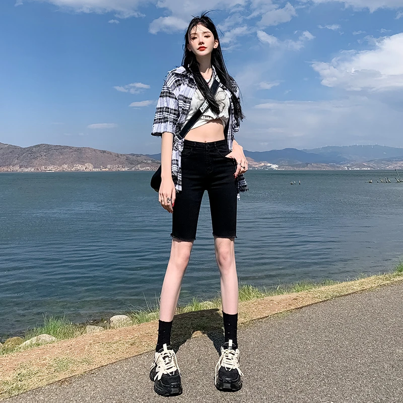 黑色修身薄款五分牛仔裤女夏季复古高腰显瘦时尚百搭牛仔中裤