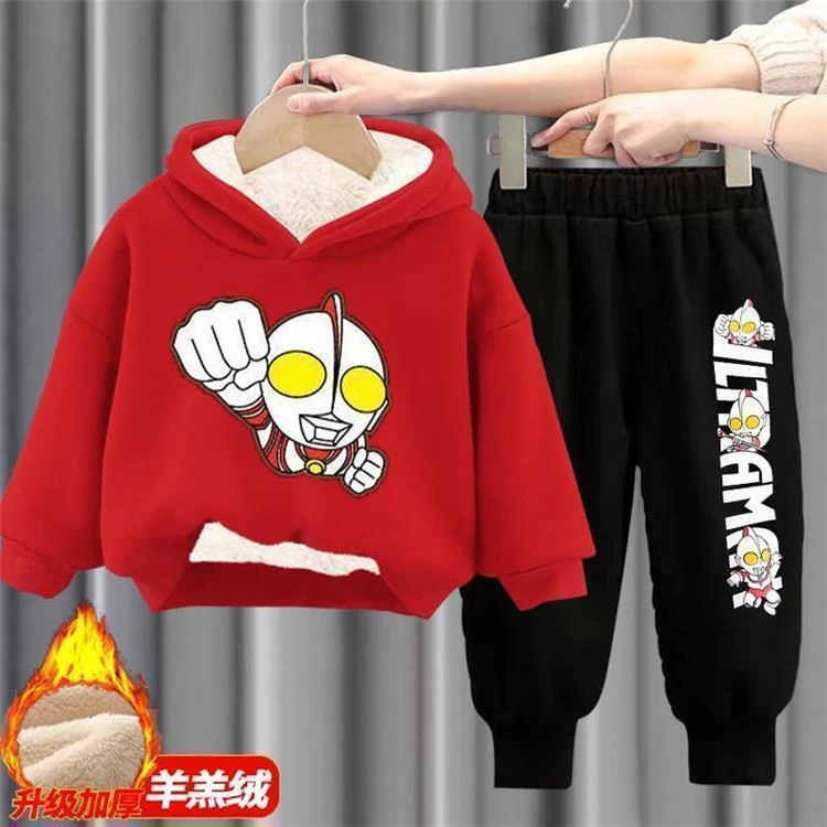 新潮流奥特曼男孩衣服套装男童冬装加绒加厚连帽卫衣两件套儿童炸