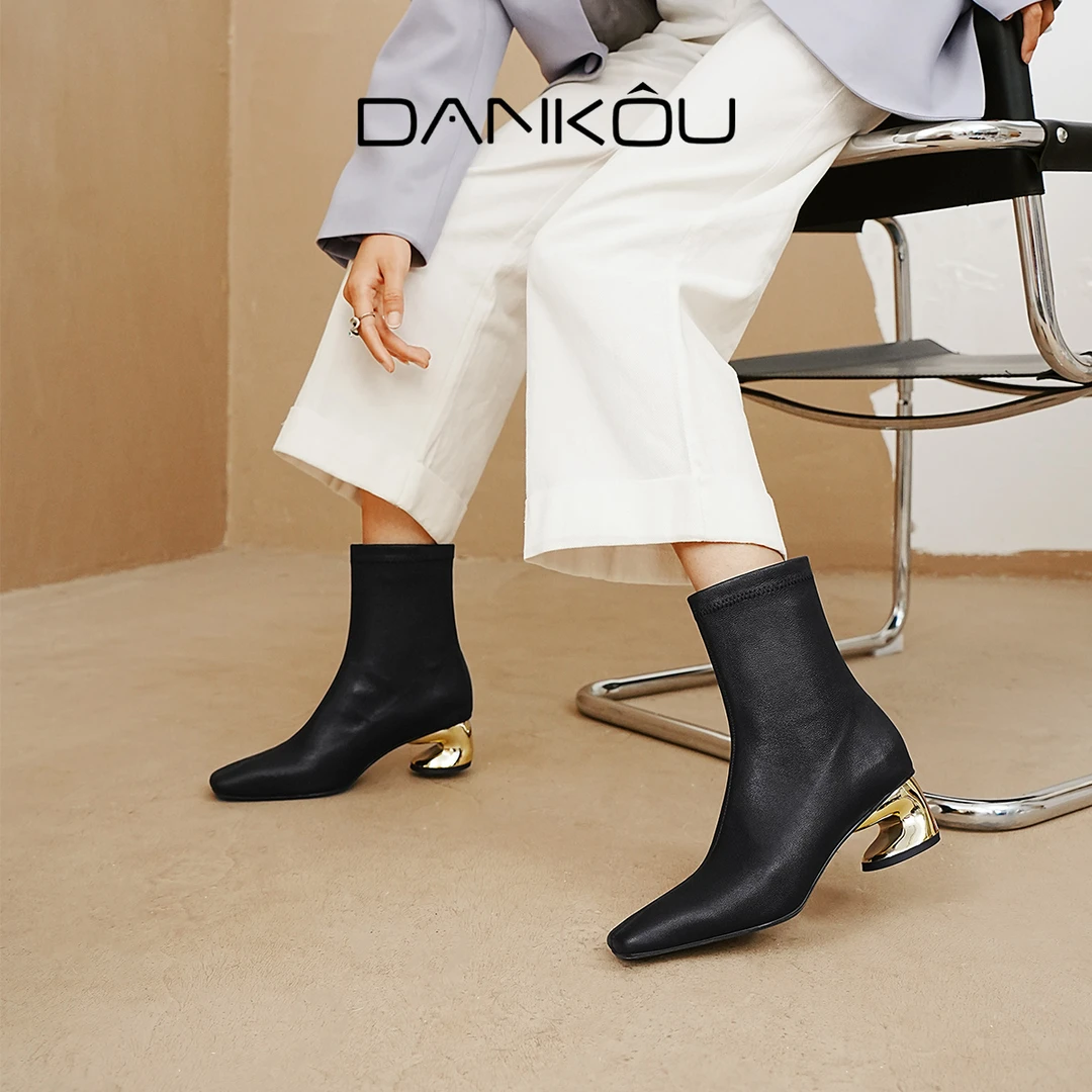 DANKOU丹蔻  弹力羊皮素面版短靴气质方头弹力瘦瘦靴