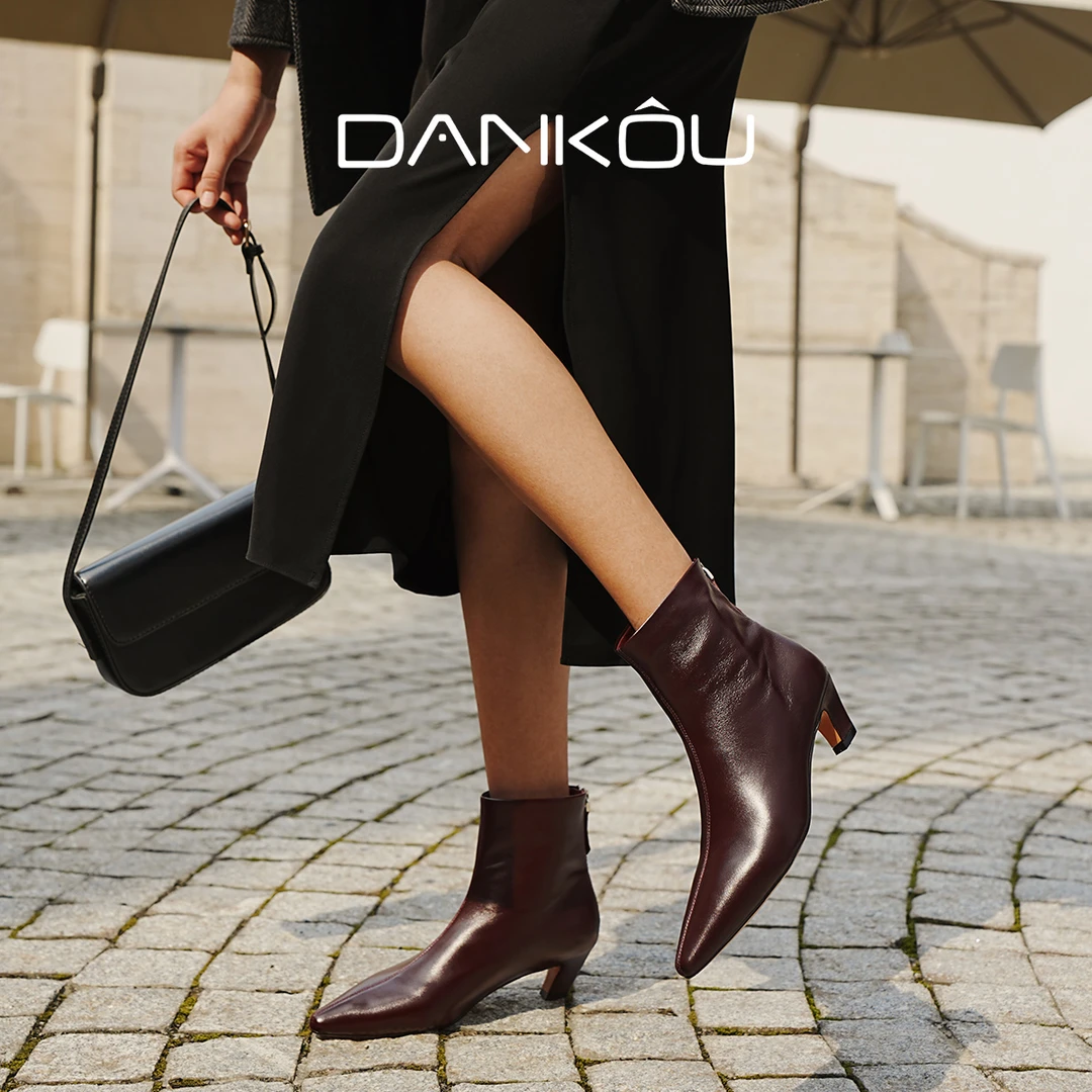 DANKOU丹蔻 油蜡羊皮气质短靴中跟半羊皮里瘦瘦靴