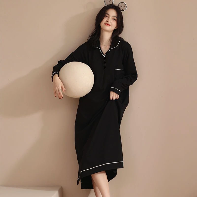 带胸垫睡裙女春秋季新款莫代尔棉长袖衬衫领睡衣裙中长款黑色简约