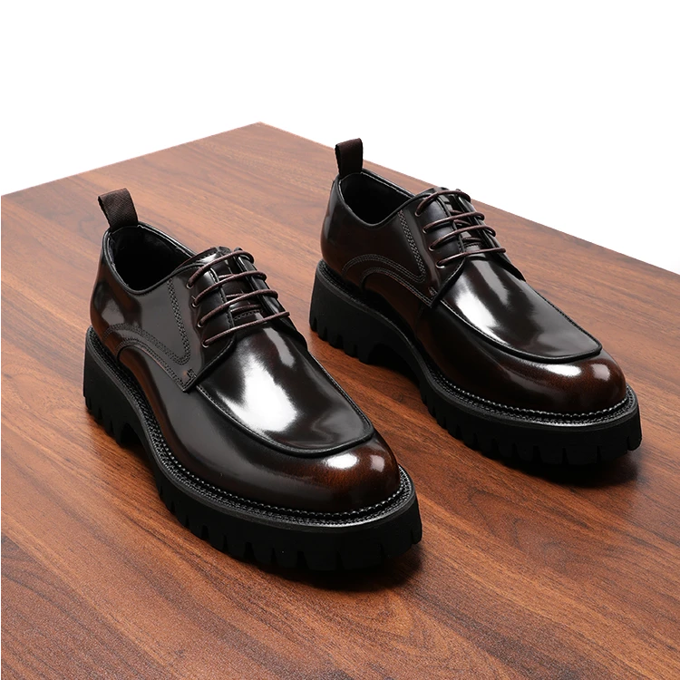 通勤商务正装皮鞋英伦风真皮系带厚底亮面男鞋德比鞋新郎婚鞋冬季