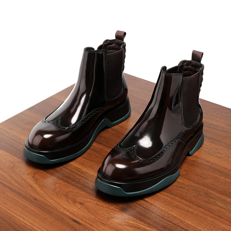 高档时尚厚底增高切尔西靴男真皮亮面皮靴圆头短靴休闲青年潮靴男