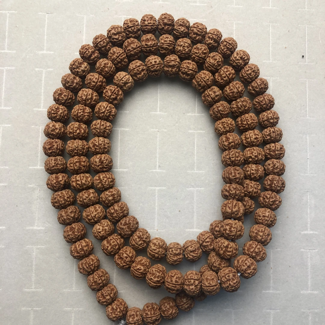 原生态玉梅花11mm金刚菩提手串凹底龙爪梅花褐色皮质精品108脖挂