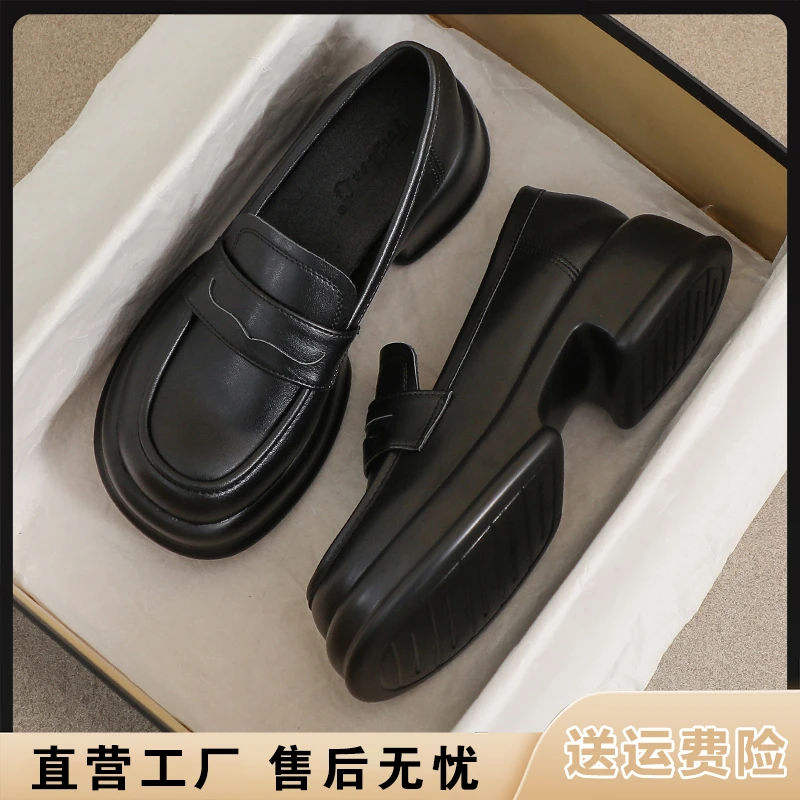 小皮鞋女高跟春秋季英伦风厚底黑色33工作真皮34码夏季舒适乐福鞋