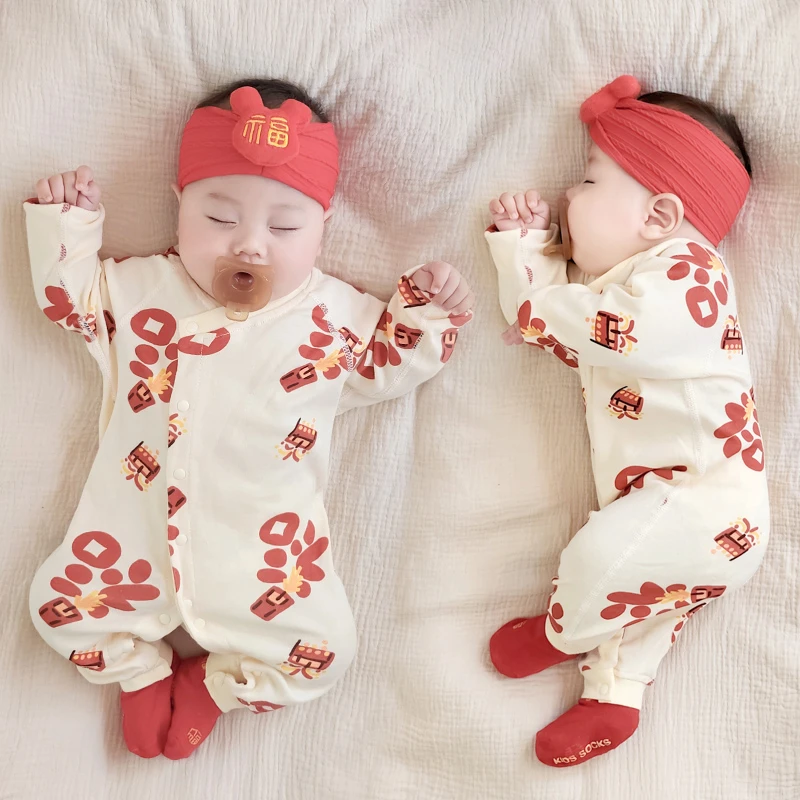 婴儿连体衣春秋冬季新生儿纯棉秋装男女哈衣满月百天喜庆宝宝衣服