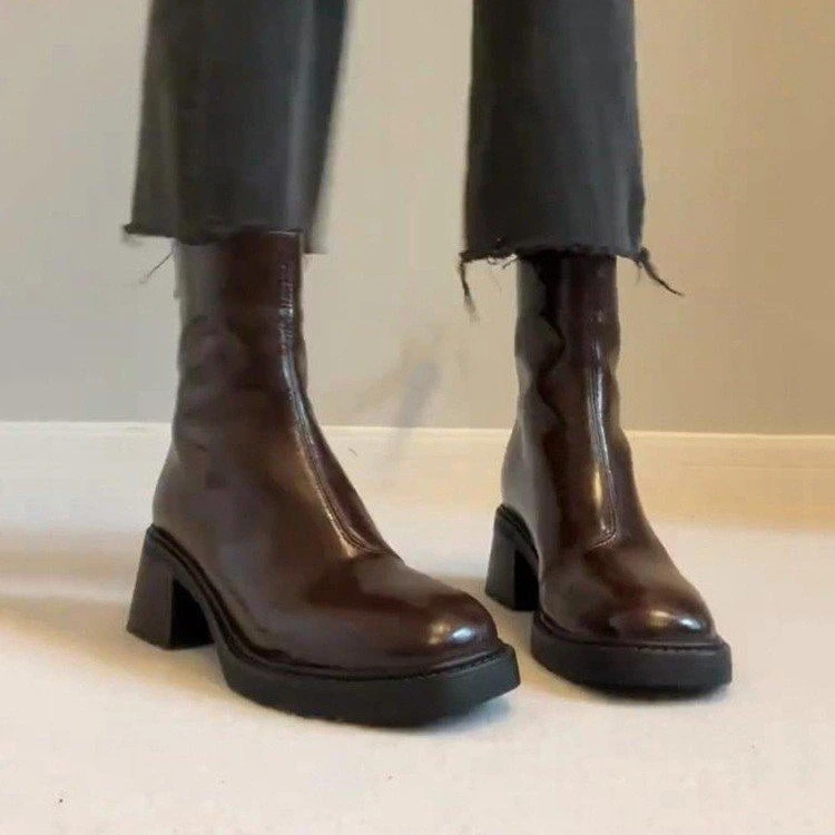 短靴女2024新款春秋法式小裸靴厚底小个子英伦风马丁靴粗跟瘦瘦靴