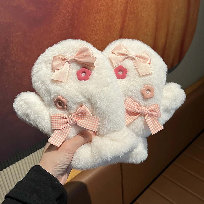 甜美可爱蝴蝶结加绒加厚保暖少女心秋冬季毛绒手套