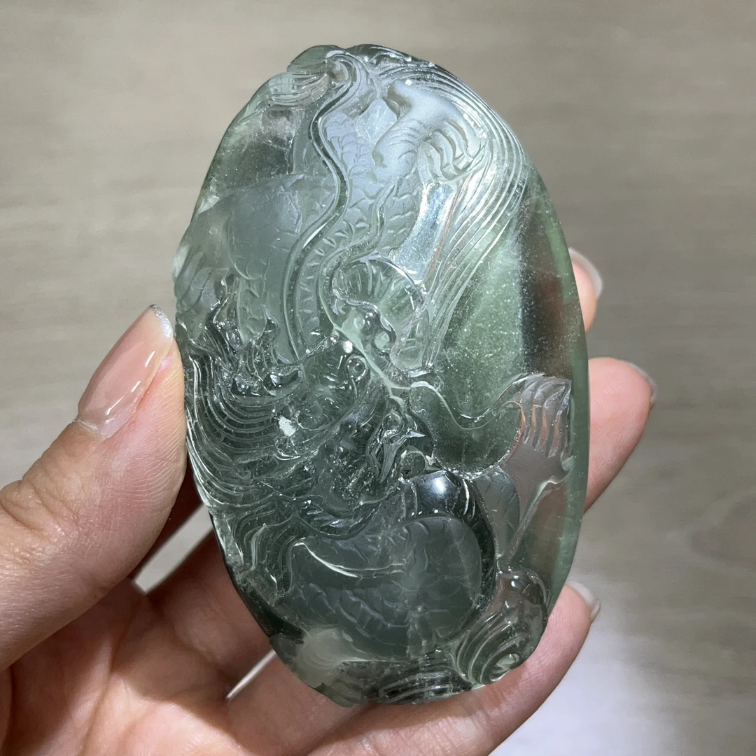 天然水晶绿幽灵满绿幽灵雕刻飞龙手把件摆件雕刻飞龙
