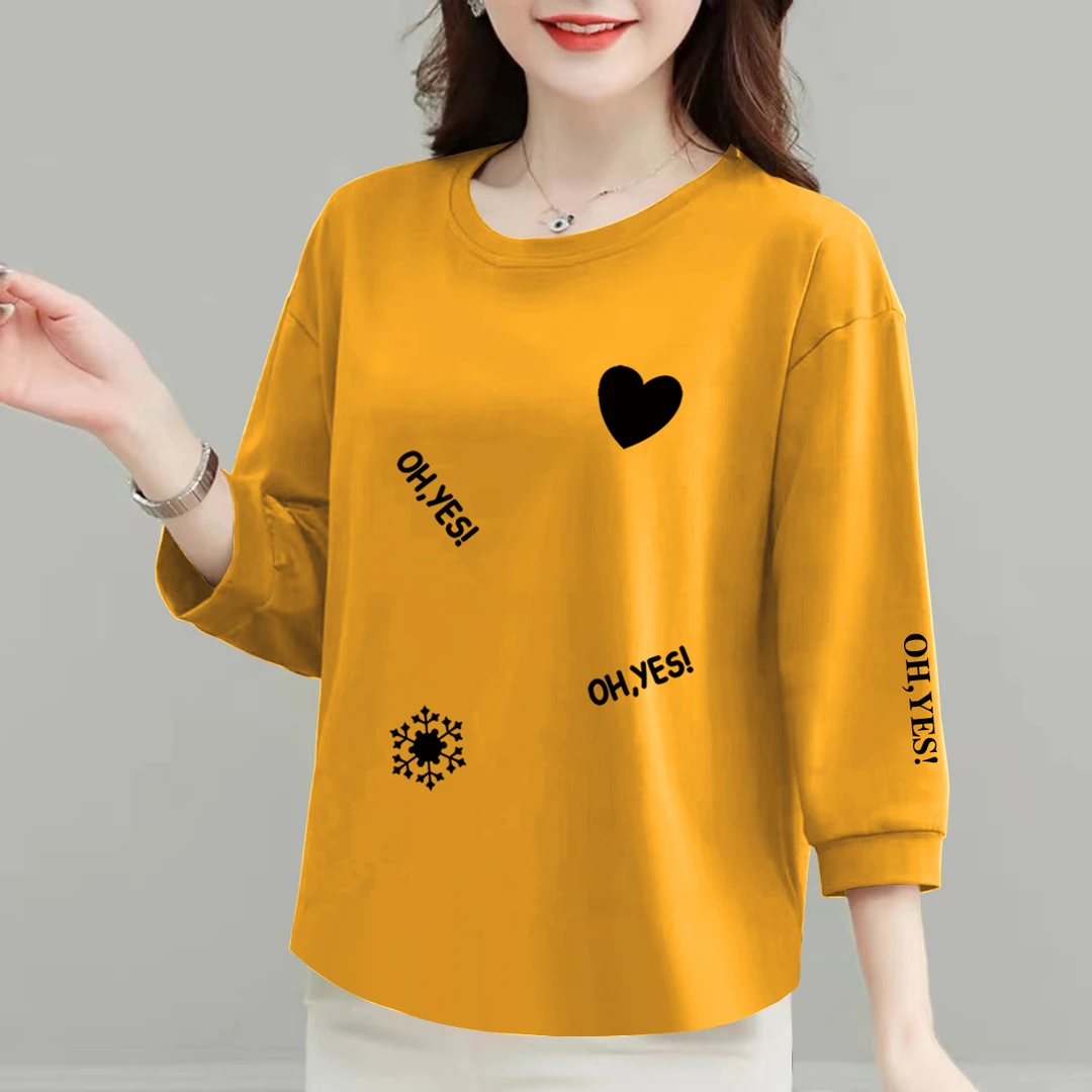 100%纯棉t恤女春秋新款七分袖韩版洋气宽松遮肉上衣体恤打底衫潮