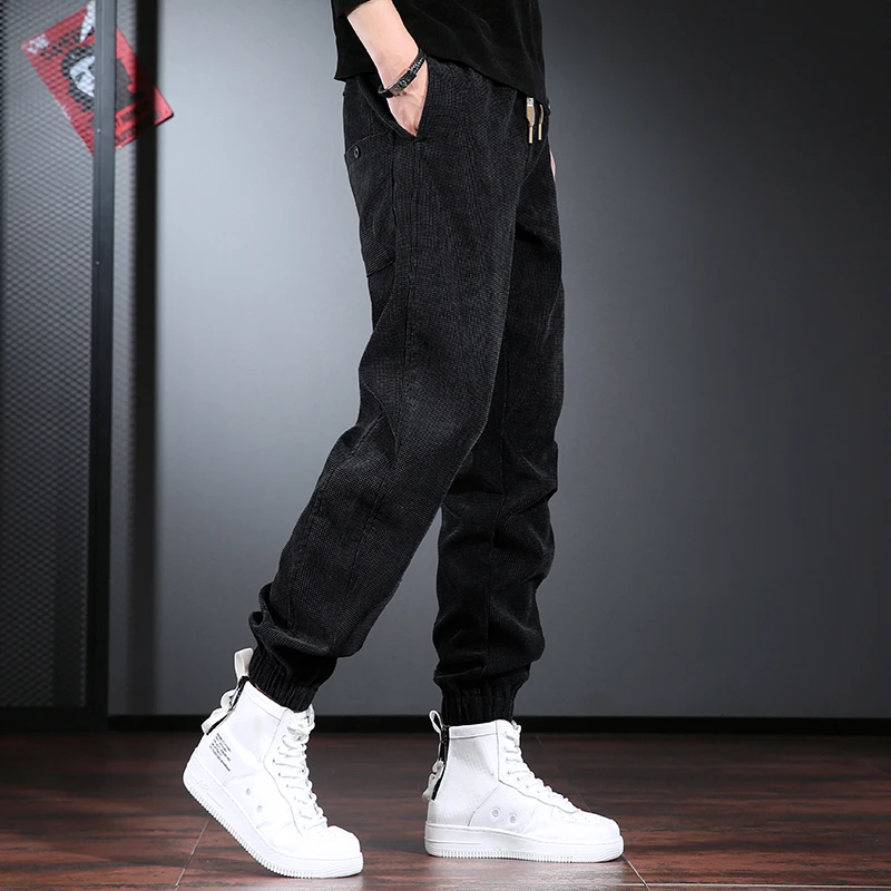高级感休闲裤男2024秋冬款宽松抽绳束脚裤大码灯芯绒加绒加厚男裤