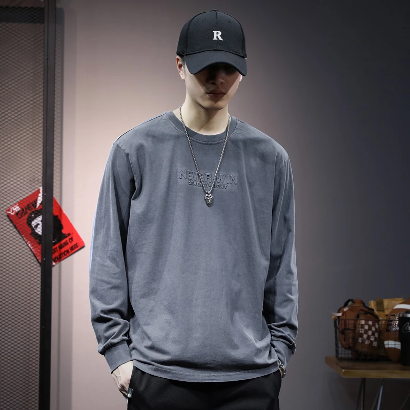 纯棉t恤男长袖宽松潮流打底衫2023年秋季新款体恤烟灰色男装衣服