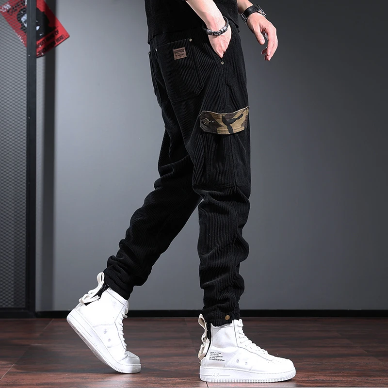 厚款保暖休闲裤子男冬季潮牌宽松锥形裤黑色粗条灯芯绒工装长裤男