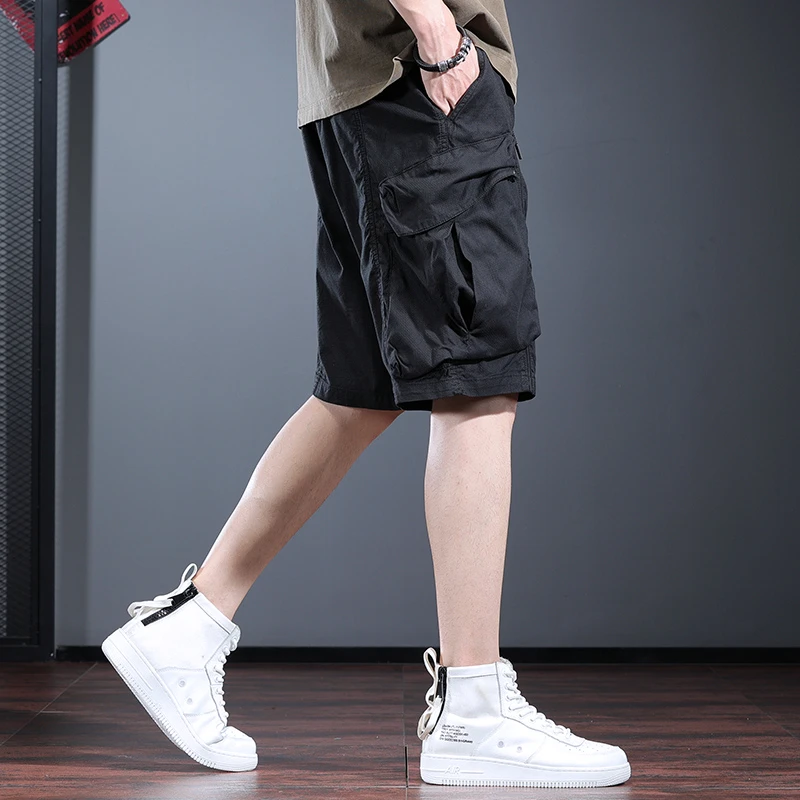 黑色工装短裤男夏季潮牌宽松休闲五分裤抽绳美式户外山系运动中裤