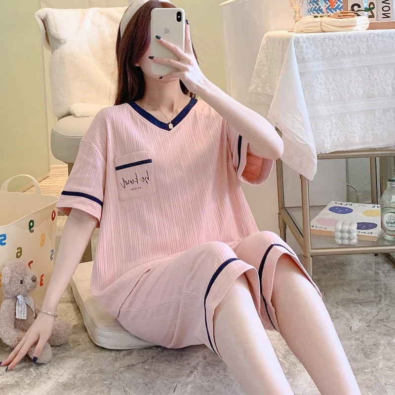 睡衣女夏季棉质薄款短袖七分裤夏天女士可外穿韩版可爱家居服套装