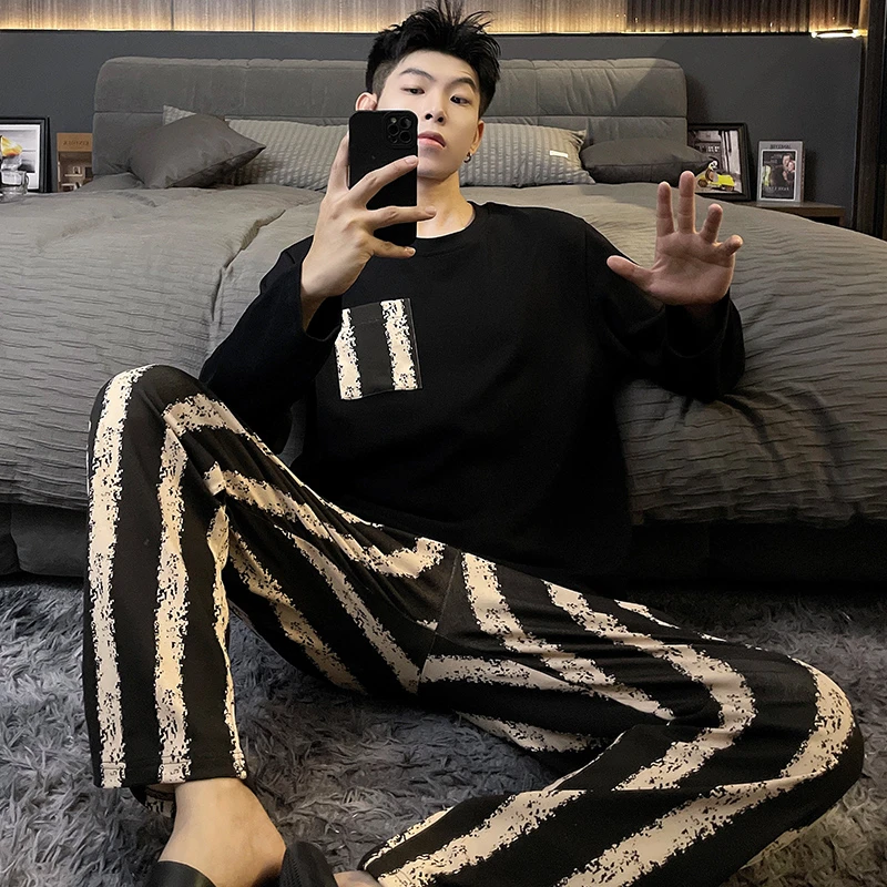 男士睡衣春秋季长袖青少年韩版卡通宽松休闲大码家居服套装可外穿