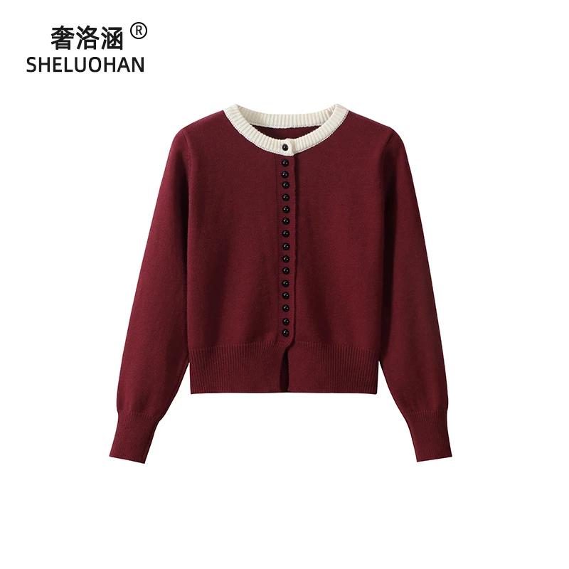 安可拉红色圆领针织开衫女秋冬新款加厚法式甜美宽松短款外穿毛衣