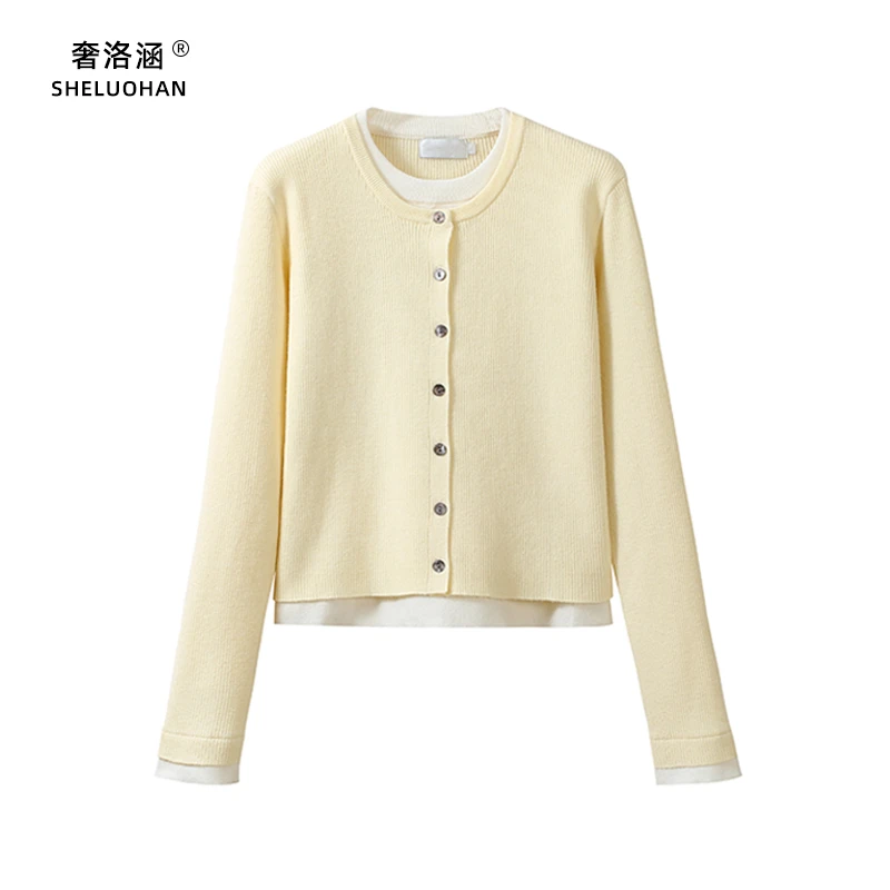 法式甜美黄色假两件针织开衫女秋冬新款显瘦减龄纯色长袖外穿毛衣