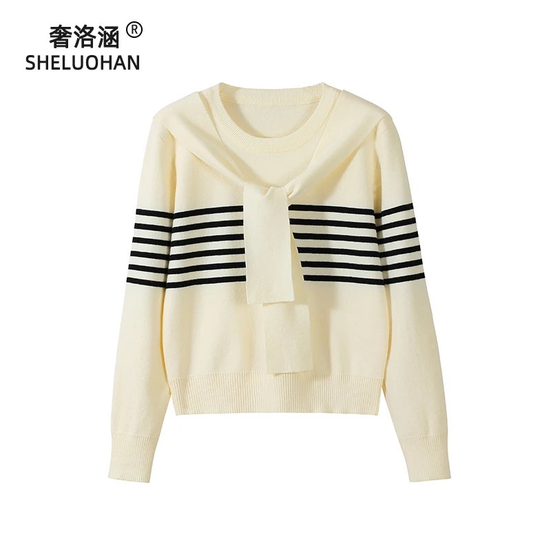条纹假两件打底衫加厚女秋冬新款学院风百搭减龄宽松外穿圆领毛衣