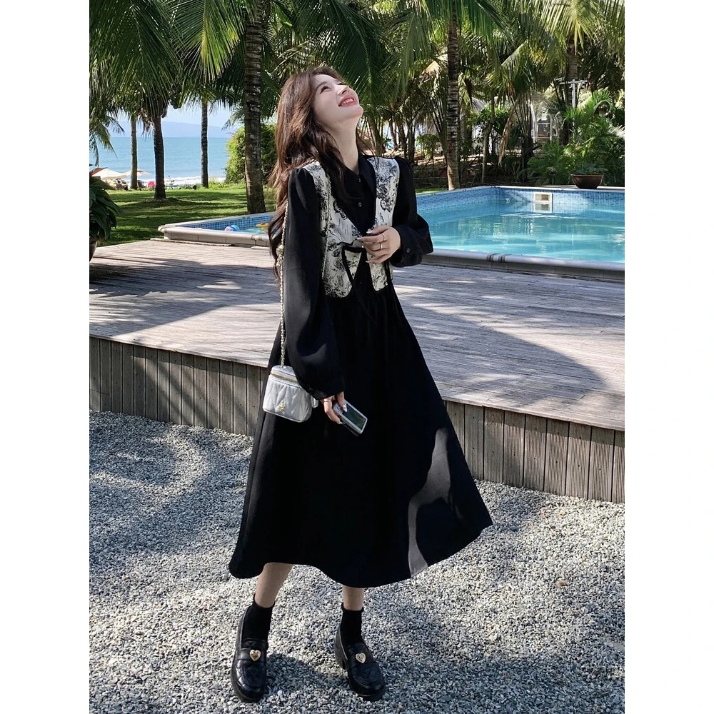 国风黑色假两件碎花连衣裙女春秋2024新款新中式衬衫裙显瘦气质