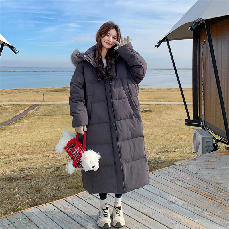 大毛领灰色长款过膝羽绒棉服女冬季2024新款中长款棉衣爆款棉袄