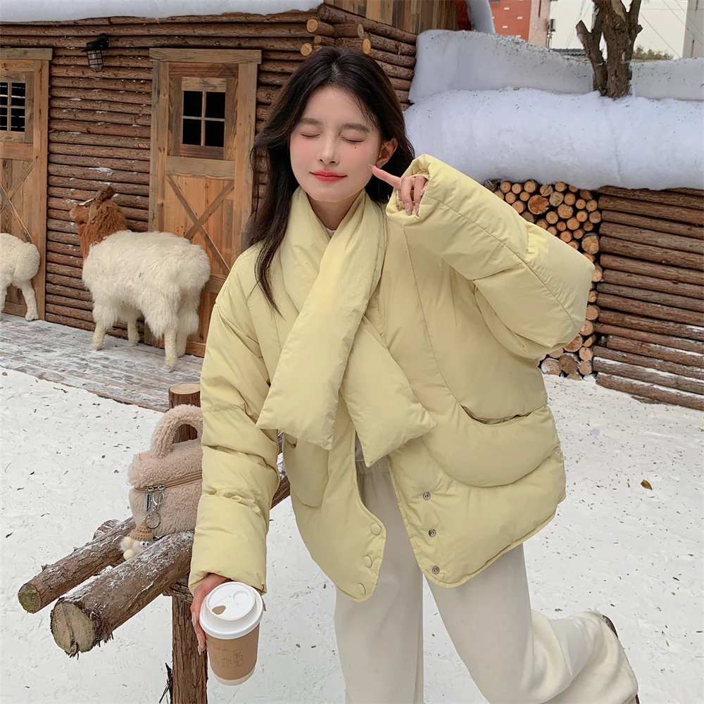 围巾领黄色短款羽绒服女冬季2024新款小个子短款流行温柔风爆款