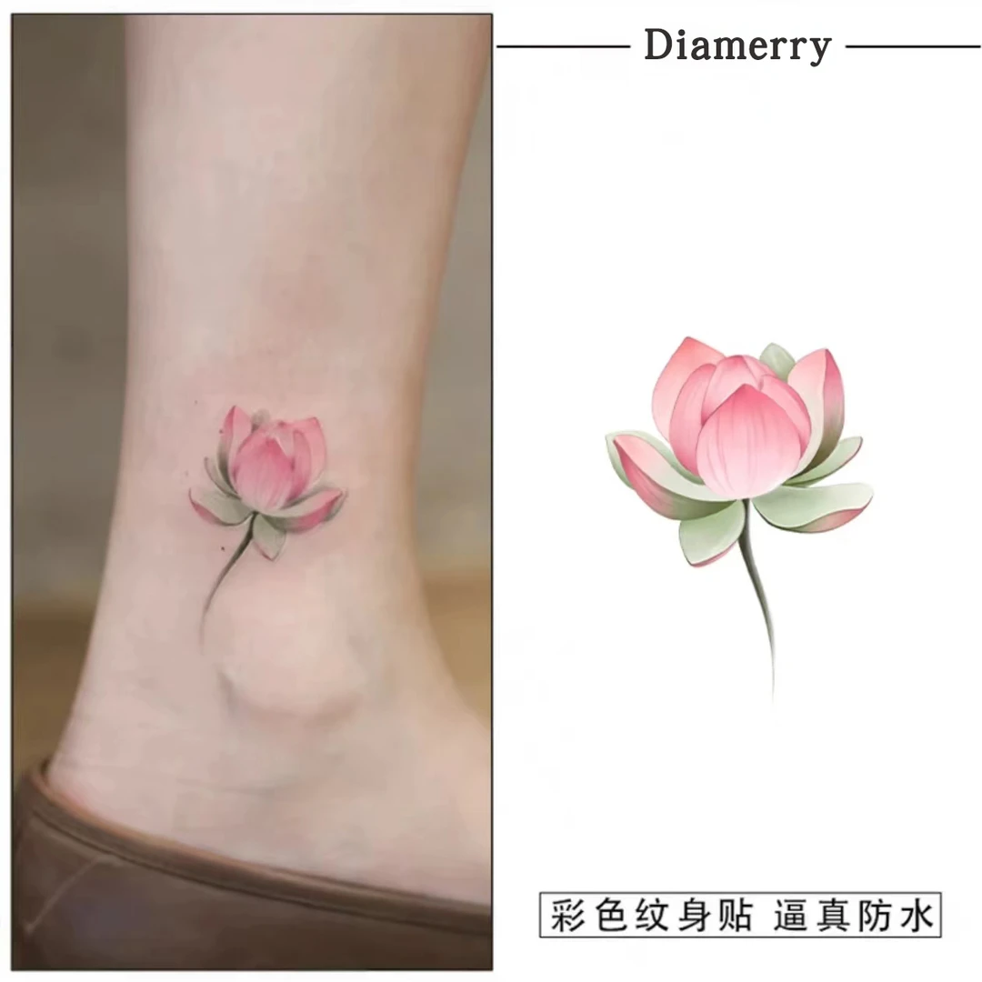 可水洗高颜值国风唯美荷花纹身贴脚踝防水纯欲风逼真半永久不反光