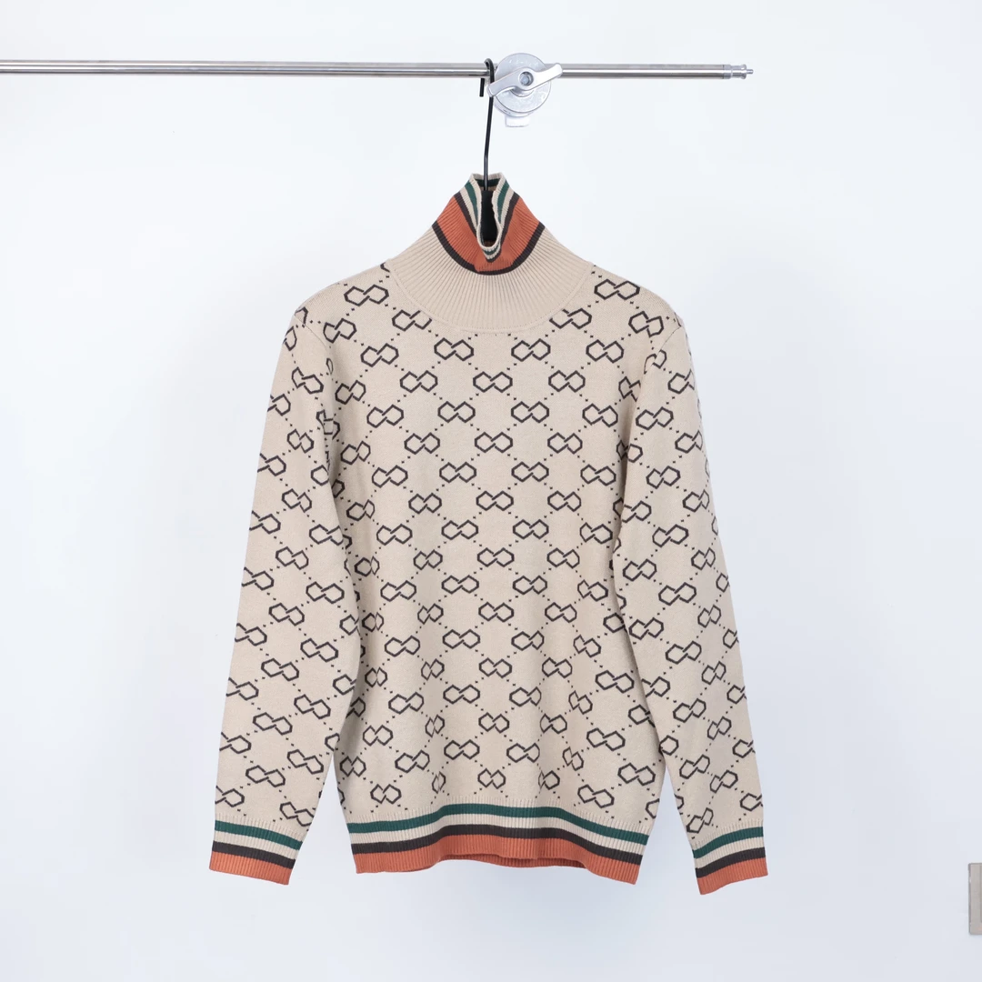 欧美时尚走秀款提花毛衣男士秋冬轻奢百搭修身可翻领高领针织衫潮