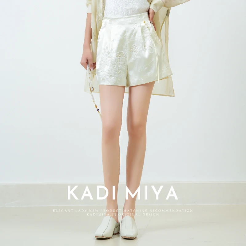 KADIMIYA“烟雨蒙蒙”新中式提花三分裤短裤女士高腰显瘦夏季裤子