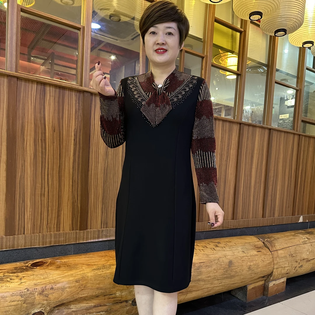 连衣裙显瘦气质长袖时尚长款假两件拼接妈妈装加绒加厚百搭打底