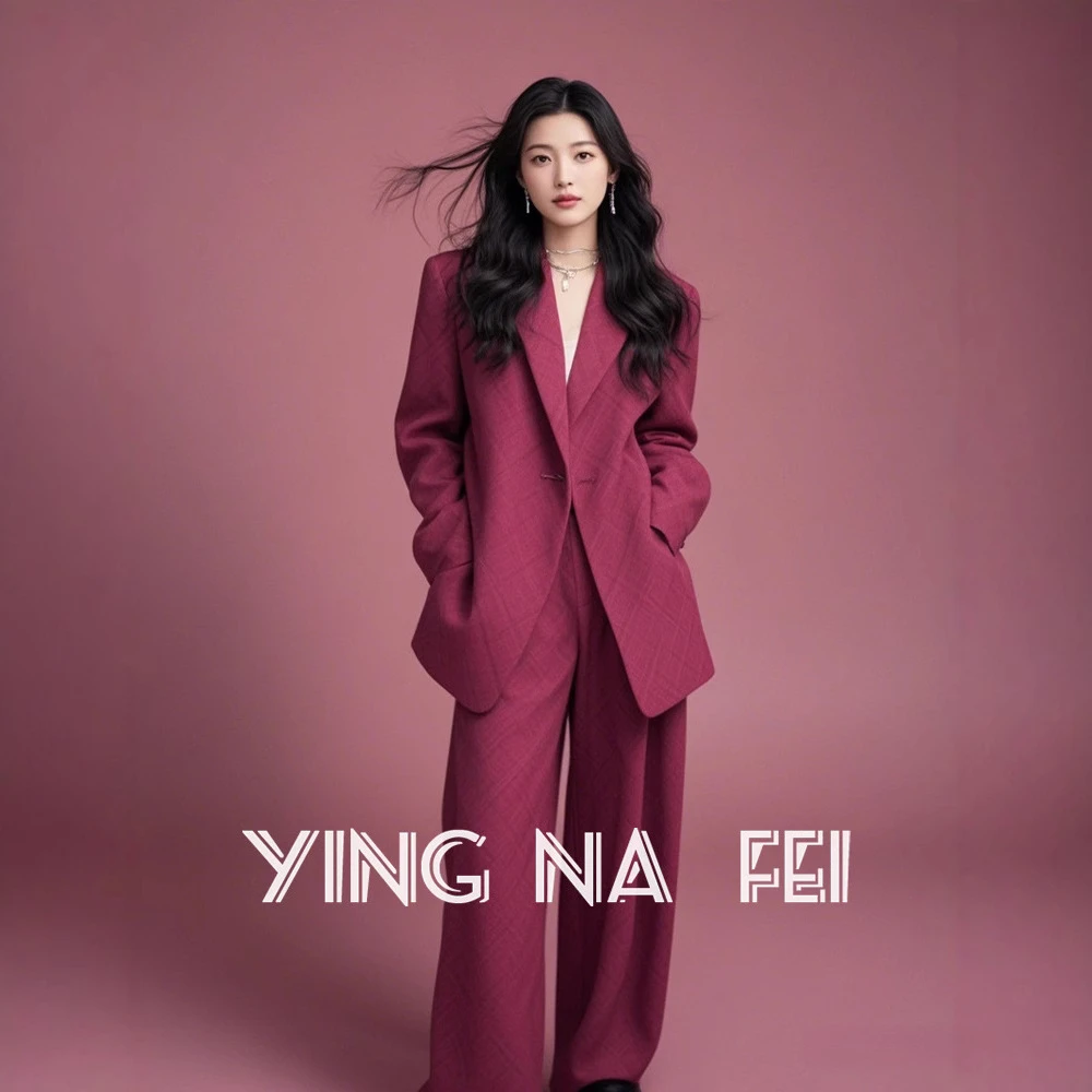 新款初秋又a又飒套装职业气质玫红色西装外套阔腿裤两件