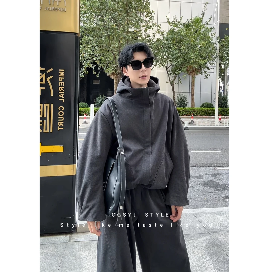 CGSYJ高级感复古纯色短款毛呢外套男女美式vintage百搭连帽棉衣