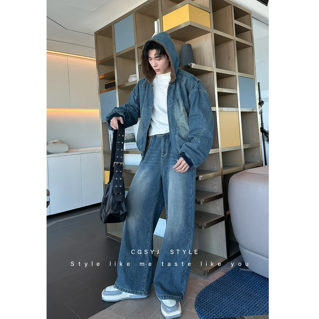 CGSYJ入冬宝典 座山雕重磅加绒加厚复古牛仔做旧套装休闲男两件套