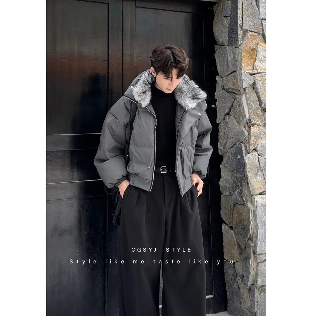 冬季cleanfit加厚保暖棉服男潮宽松短款廓形pu皮棉衣毛领外套