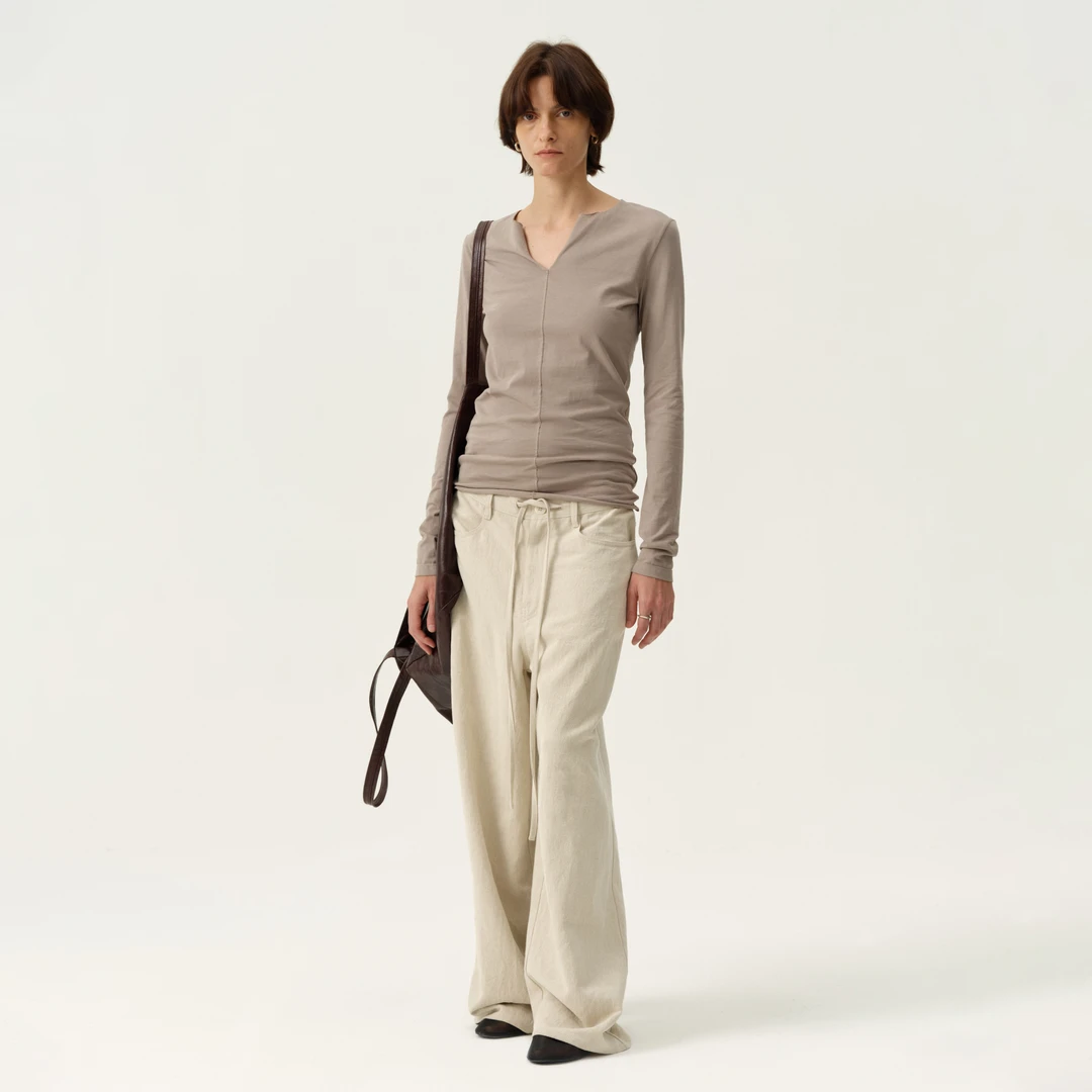 白弓BAIGONG/行走的松弛抽绳腰带亚麻长裤36623X