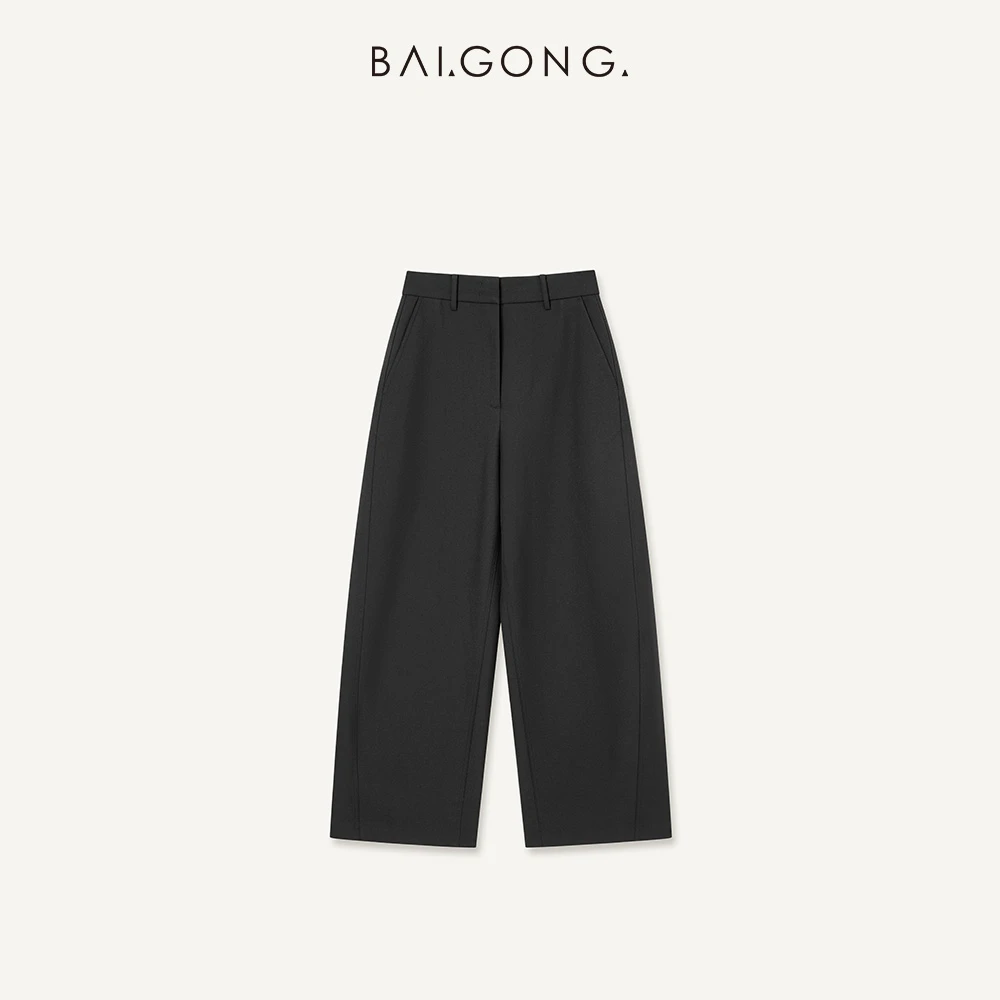 白弓BAIGONG/ 纯粹黑镰刀塑性绵羊毛西装裤50980X