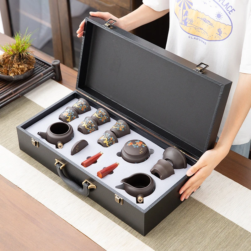 高档紫砂功夫茶具礼盒套装整套家用送礼简约陶瓷泡茶壶中式手工款