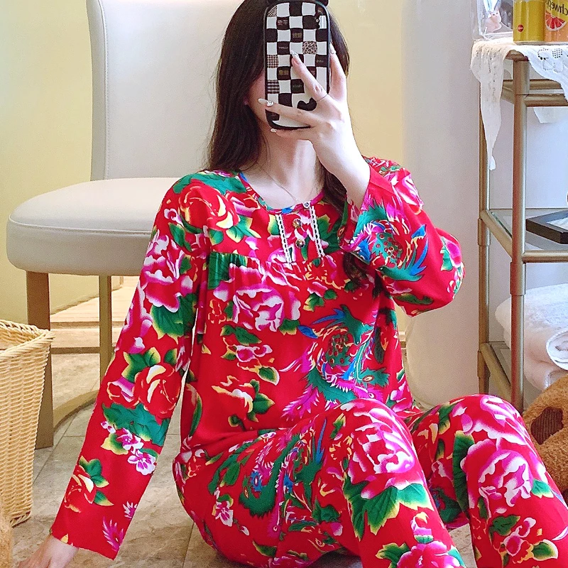 睡衣女春夏长袖套装绵绸棉绸东北大花大码宽松民族风国风薄款套头