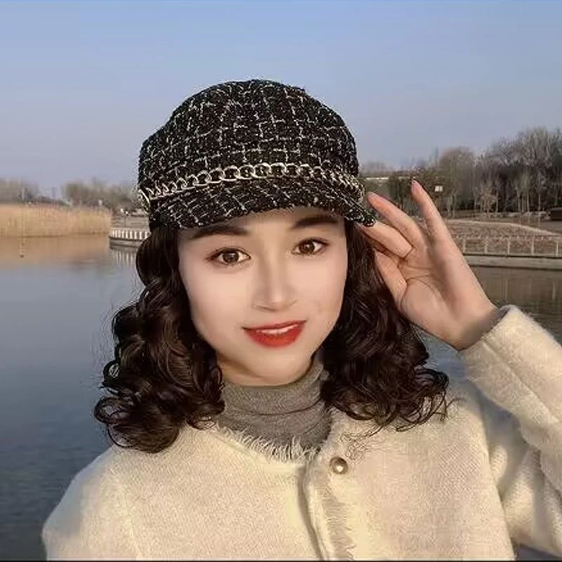 假发帽子一体时尚洋气香风八角帽新款秋冬千鸟海军慵懒头套卷发