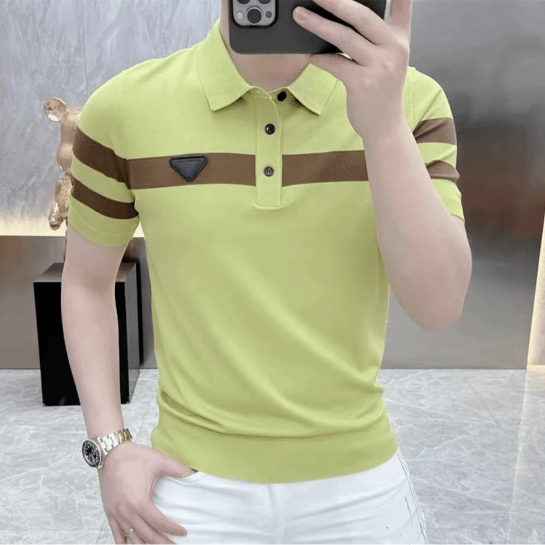 夏季新款男士高品质欧版轻奢冰麻针织冰丝伊力特翻领polo短袖