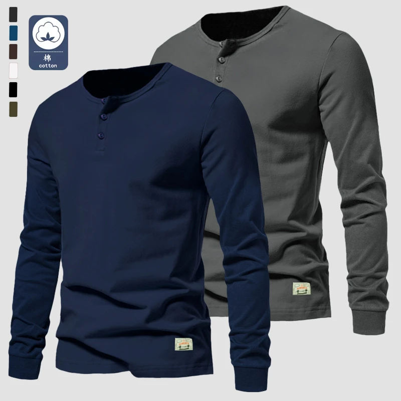 亨利衫长袖男士军绿色亨利领重磅纯棉t恤美式复古打底衫春秋季