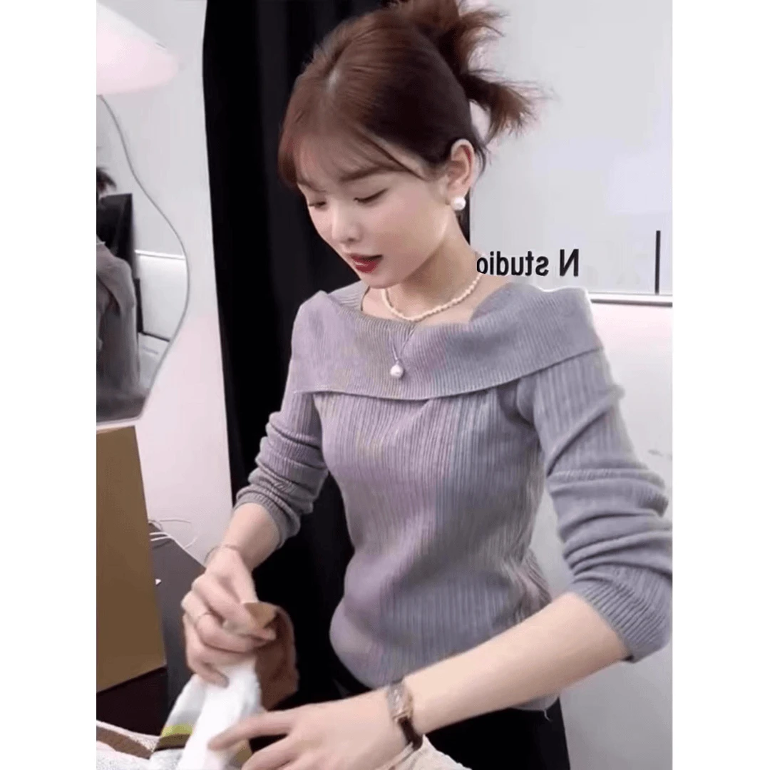 一字领毛衣长袖针织衫百搭打底秋冬打底衫女款爆款2024新款春秋