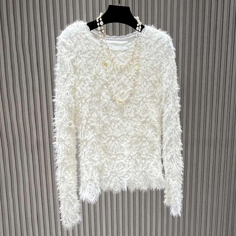 套装蕾丝气质长袖白色针织时尚镂空圆领上衣+H版型半裙套装