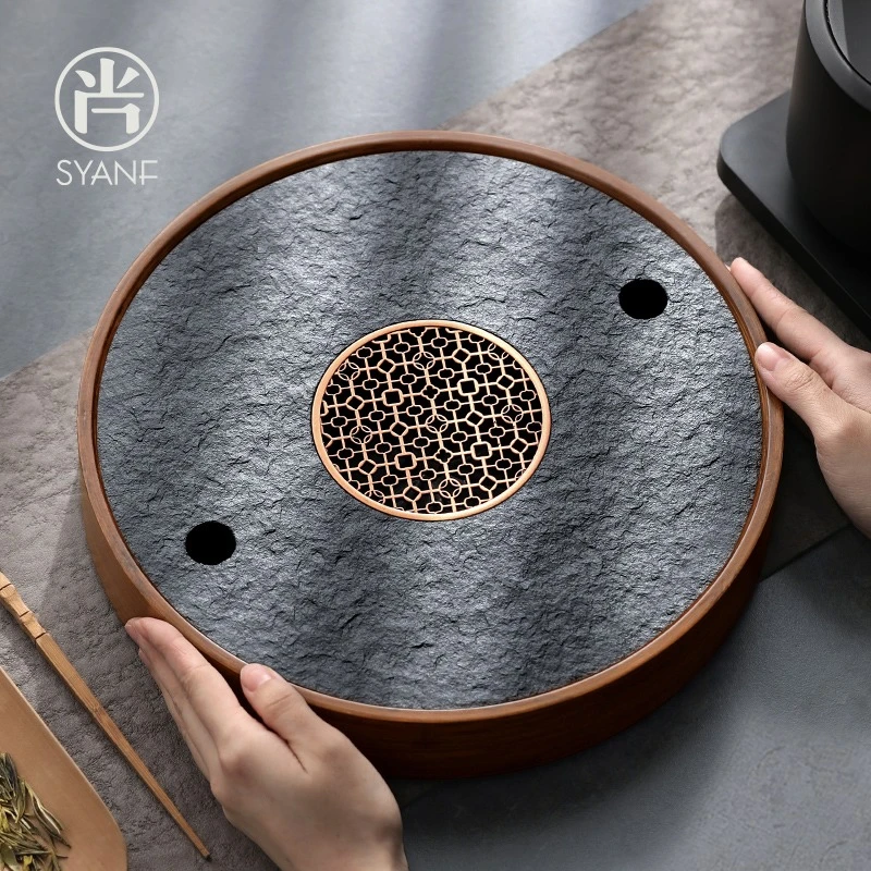 乌金石小型茶盘家用圆形干泡茶盘储水式蓄水茶海茶托盘小茶台家用