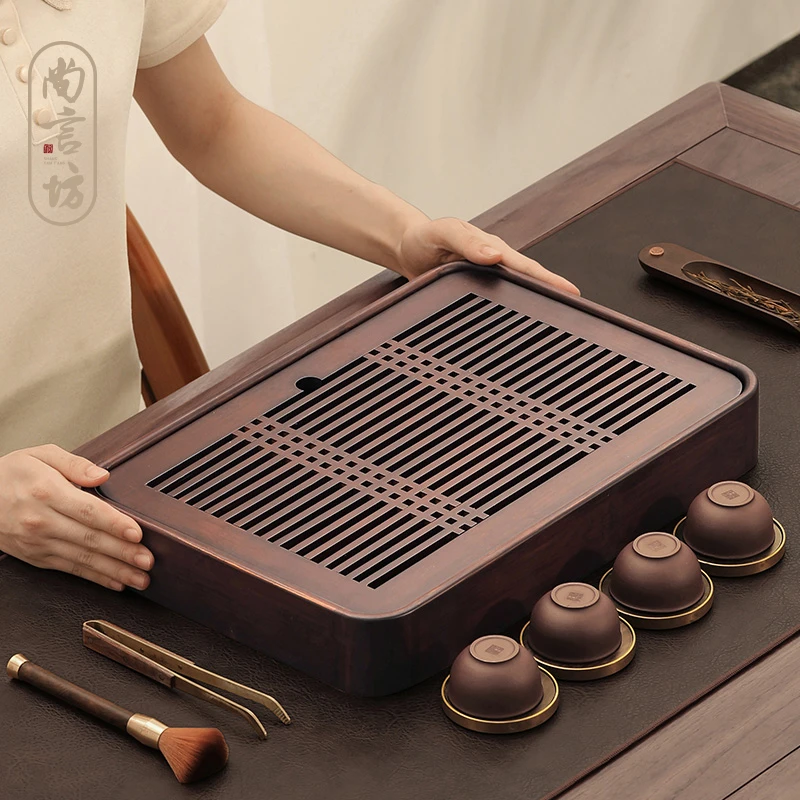 竹制长方形日式家用简易托盘沥水干泡盘福和储水式小干泡台日式