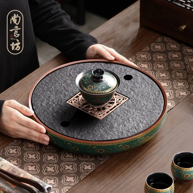 乌金石小型茶盘家用圆形干泡茶盘储水式蓄水茶海茶托盘小茶台家用