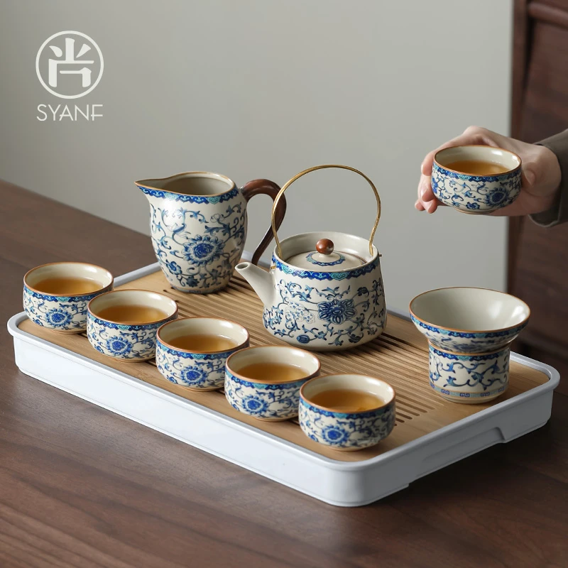 青花瓷茶具家用喝茶2024新款轻奢高档中式汝窑功夫茶杯茶壶创意
